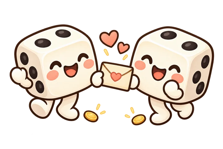 Two dice mascots swapping an invitation envelope