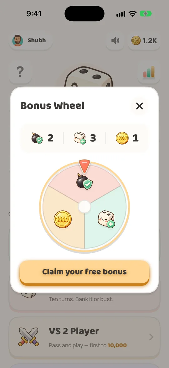 The bonus wheel with extra die, bomb defuse and +1,000 bonuses