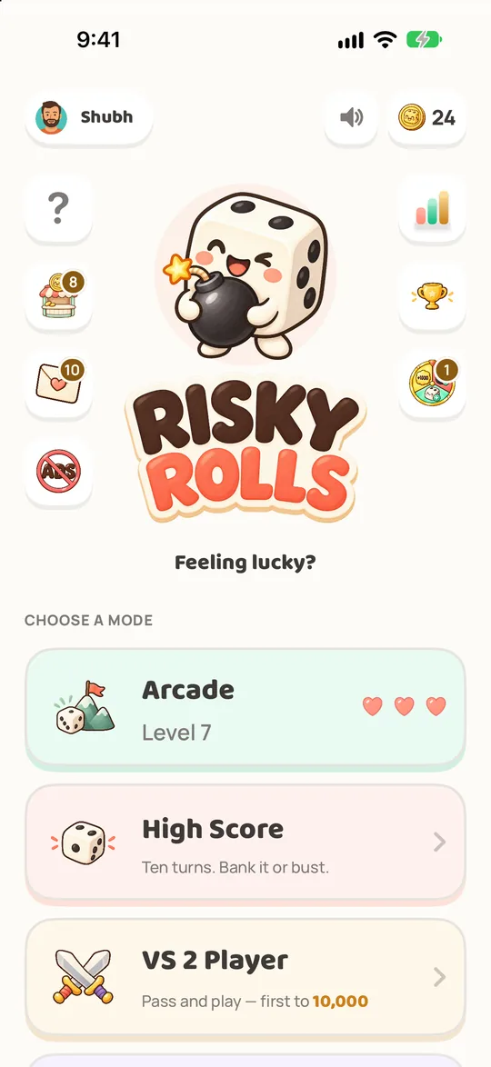The Risky Rolls home screen with the dice mascot and game modes